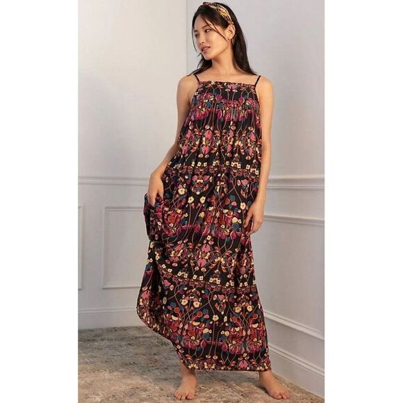 Anthropologie Quilted Floral Maxi Dress Black Size XS Flowy Bohemian Square Neck - Picture 1 of 12